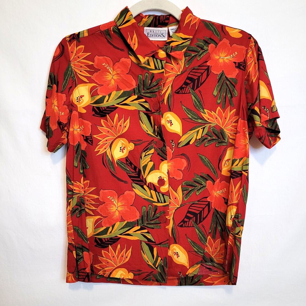 Basic Editions Red Tropical Floral Camp Shirt Short Sleeve Resort Vacation Small